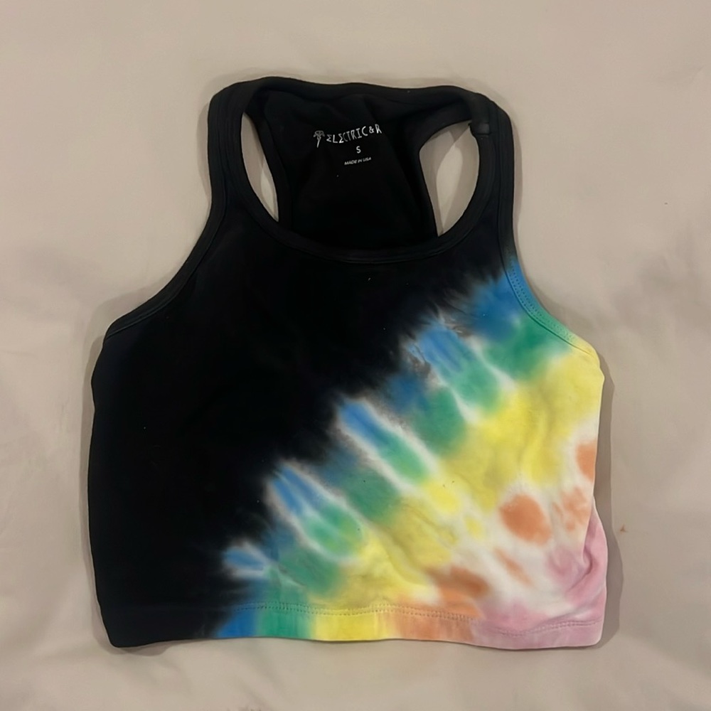 Electric and rose black and rainbow racerback sports bra